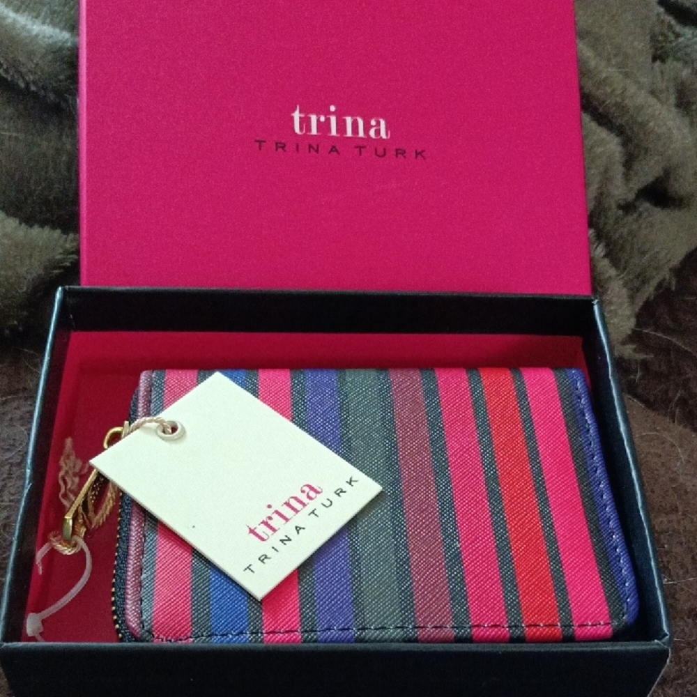 Trina Turk Pink and Gray Key Card Holder with Striped Design
